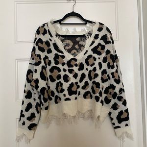 Leopard print fringe sweater - large